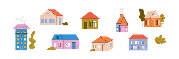 一组不同的有树的小房子图片下载