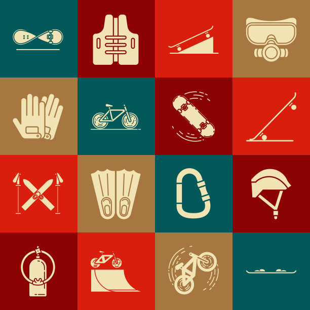 设置滑雪板，自行车头盔，滑板，在街道坡道，手套，技巧和图标。向量图片下载