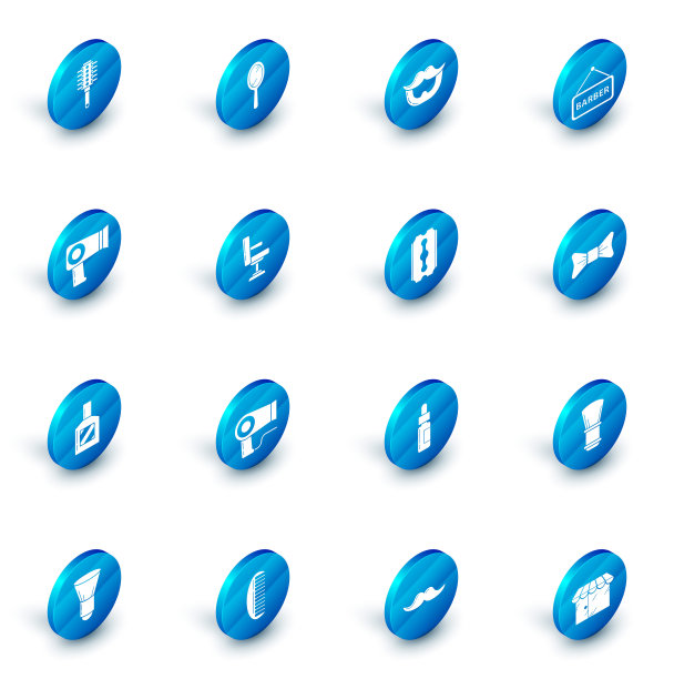 集手镜，胡须，理发店，吹风机，须后水，椅子，领结和刀片剃须刀图标。向量图片下载