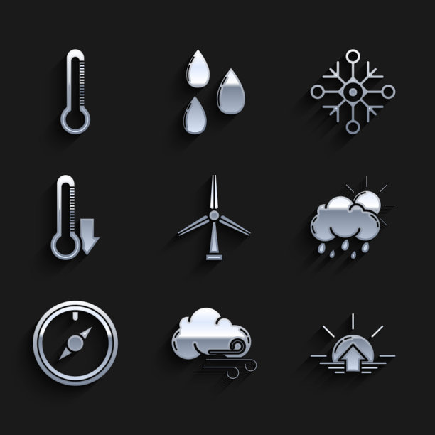 集风力涡轮机，有风的天气，日出，云与雨和太阳，玫瑰，温度计，雪花和图标。向量图片下载