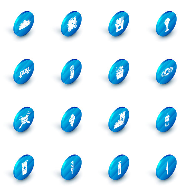 套装三明治，土豆薯条纸箱包装盒，鸡腿，寿司砧板，十字叉，多纳烤肉串，甜甜圈与甜釉和亚洲面条纸筷子图标。向量图片下载