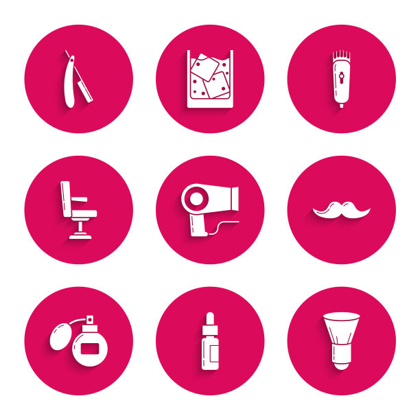 集吹风机，玻璃瓶移液管，剃须刷，胡子，须后水，理发店椅子，电动剪刀或剃须刀和直剃刀图标。向量图片下载