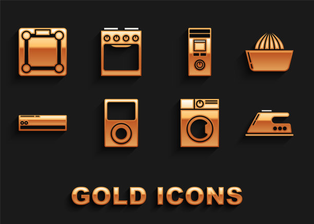 设置音乐播放器，柑橘榨汁机，电熨斗，洗衣机，空调，遥控器，浴室秤和烤箱图标。向量图片下载