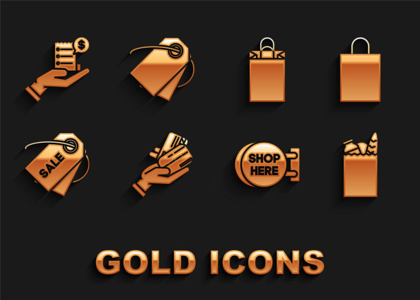 设置人类手持信用卡，纸质购物袋，食品，招牌挂在这里的铭文，价格标签销售，空白收据或账单付款和空白标签模板价格图标。向量图片下载