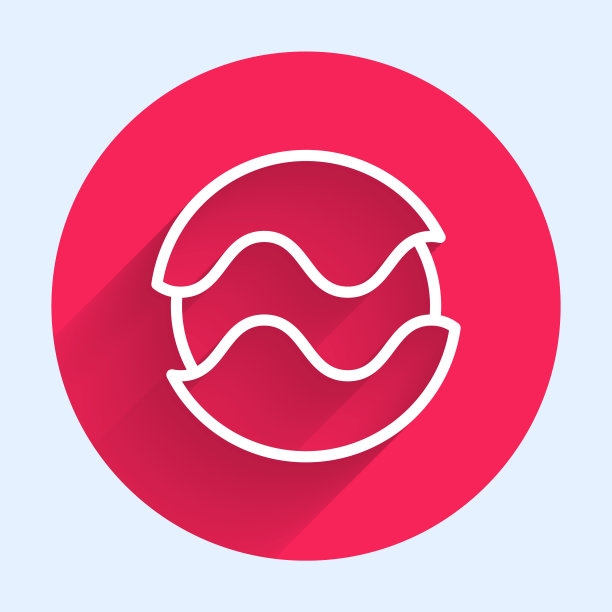 白线行星图标与长阴影背景隔离。红色圆圈按钮。向量图片下载