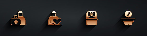 设置急救箱，志愿者，睡袋和捐款长阴影图标。向量图片下载
