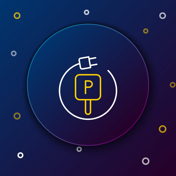 线充电停车电动汽车图标隔离在蓝色背景。色彩缤纷的轮廓概念。向量图片下载