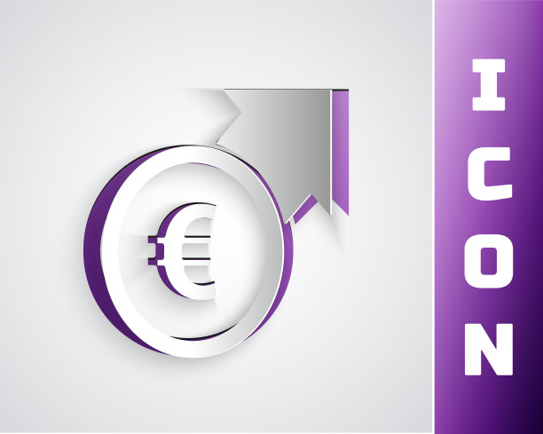 财政增长和欧元硬币图标孤立的灰色背景。增加收入。纸艺风格。向量图片下载