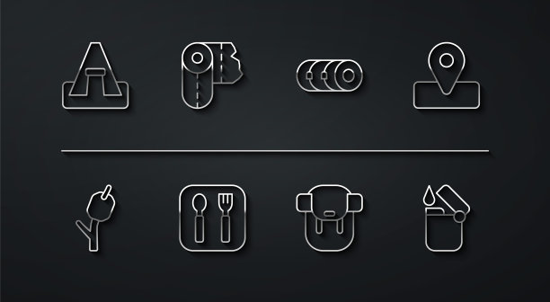 集线旅游帐篷，棉花糖棒，露营地点，远足背包，叉子和勺子，纸巾卷，打火机和毯子图标。向量图片下载