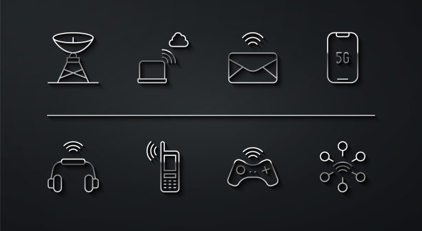 固定线路卫星天线，智能耳机系统，5G手机，无线手柄，wi-fi无线，网络云连接，邮件和电子邮件图标。向量图片下载
