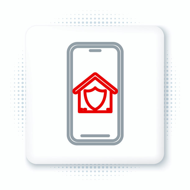 Line手机与房子在保护图标隔离在白色背景。保护、安全、保障、保护、防御的理念。色彩缤纷的轮廓概念。向量图片下载