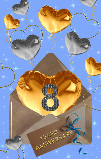 3d插图，8周年纪念。节日背景上的金色数字。周年庆典、派对的海报或卡片图片下载