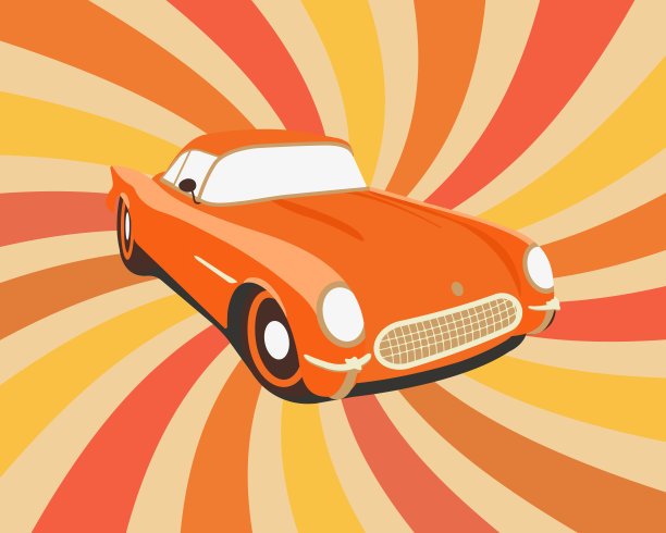 橙色复古车在复古的太阳爆发背景图片下载