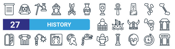 一组27个细线历史图标，如纸，狮身人面像，指南，埃及，海盗船，柱子，古代罐子，博物馆矢量图标用于移动应用程序，网页设计。图片下载