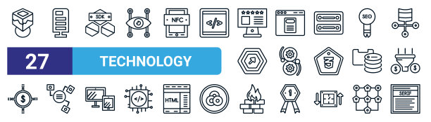 27个细线科技图标：虚拟盒、Web服务器、SDK、声明、DevOps、结构元素、防火墙、衬线字体矢量图标，适用于移动应用和网页设计图片下载