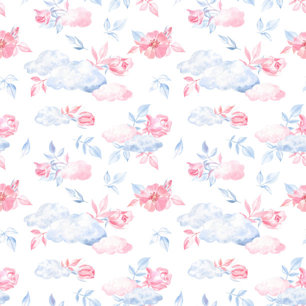 无缝图案与粉红色的玫瑰和粉红色和蓝色的云在白色的背景图片下载