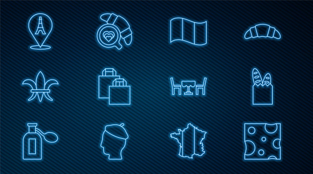 设置线奶酪，法国法棍面包，国旗法国，纸购物，芙蓉·德·里斯，埃菲尔铁塔，咖啡馆和咖啡杯与牛角面包图标。向量图片下载