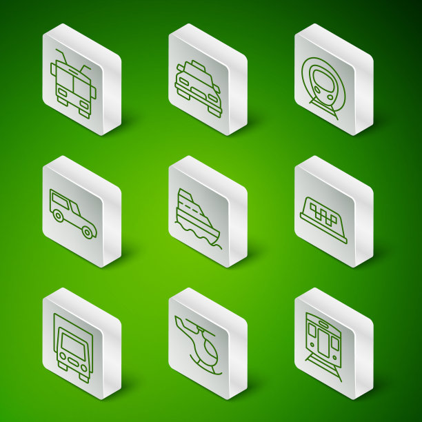 集线火车和铁路，直升机，无轨电车，游轮，汽车，出租车，交付货物卡车和屋顶图标。向量图片下载