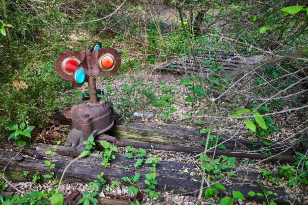 森林里，古老的铁轨片，灯笼灯，齿轮开关，换轨器，火车，废弃的，古老的，五颜六色的图片下载