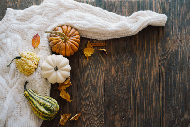 彩色南瓜和干燥的秋叶图片下载