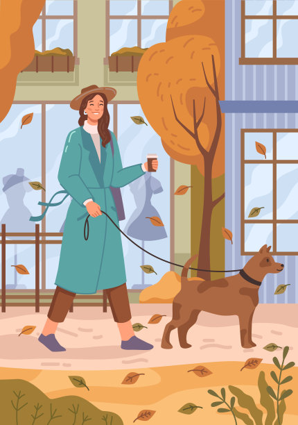 秋天的一天，一位女宠物主人牵着狗狗在城市户外散步。矢量插图的女士与小狗在皮带上，可爱的可爱的狗在道路上覆盖着黄叶图片下载