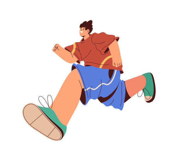十几岁的男孩面带微笑在奔跑，孤立的男人在运动。矢量平面卡通人物在快速冲刺或比赛冠军。匆忙或忙碌，跳跃和移动图片下载