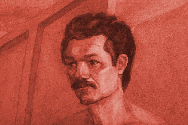 插图工作的艺术水彩画肖像的胡子与短黑色波浪头发上的黑褐色背景图片下载