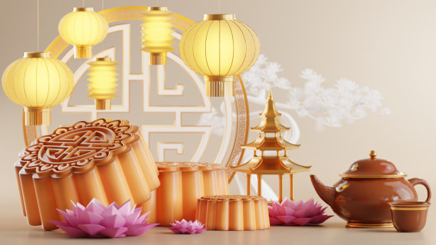 3D渲染中秋节假期或中国新年，中国节日，灯笼，花，月亮，兔子，月饼，茶壶和亚洲元素为背景。图片下载