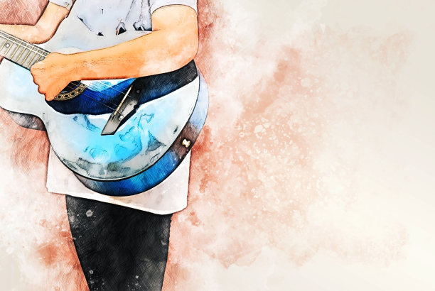 抽象的女人在水彩插图背景上走在街上弹吉他。图片下载