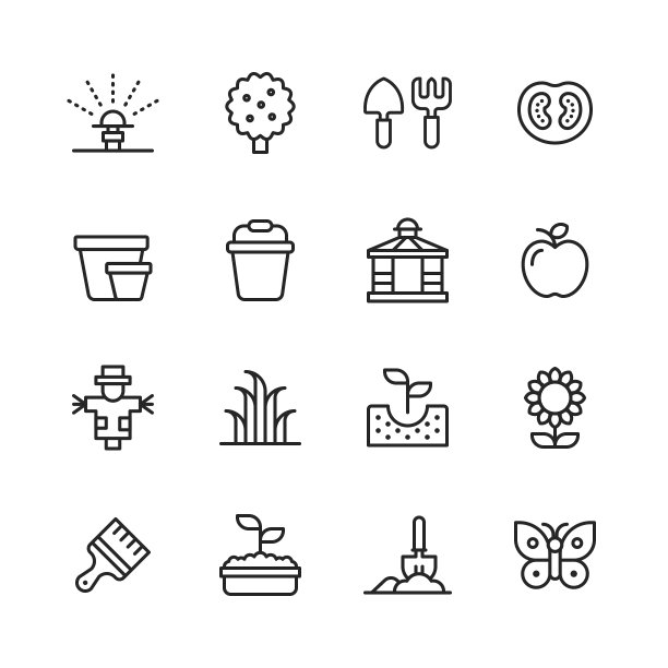 花园行图标。可编辑的中风。像素完美。移动和网络。包含如洒水器，水，灌溉，树，农业，水果，干草叉，花园泥铲，西红柿，桶，乔木，稻草人，草，种子，土壤，花，蝴蝶等图标。图片下载