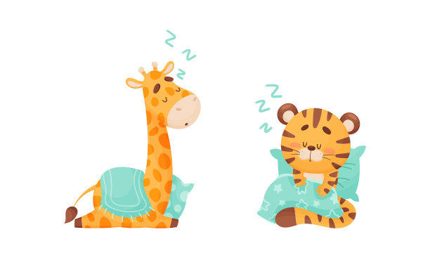 可爱的动物角色睡在柔软的枕头上图片下载