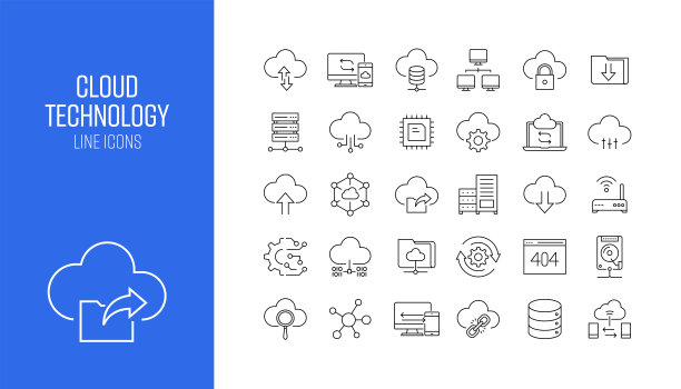 云计算相关的行图标集。大纲符号集合图片下载