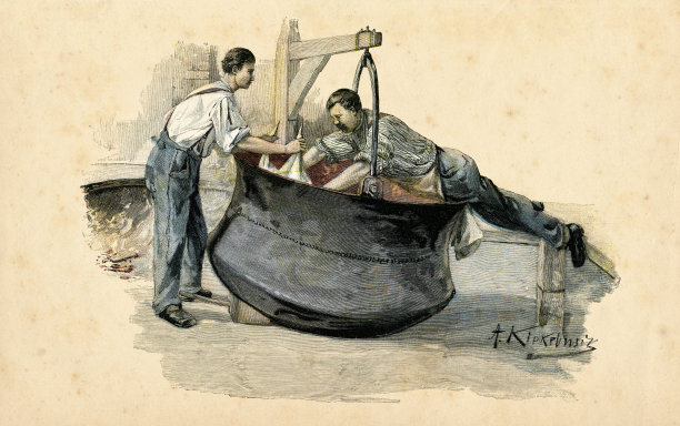 1896年，两个制造埃门塔尔奶酪的人在铜锅里煮牛奶图片下载