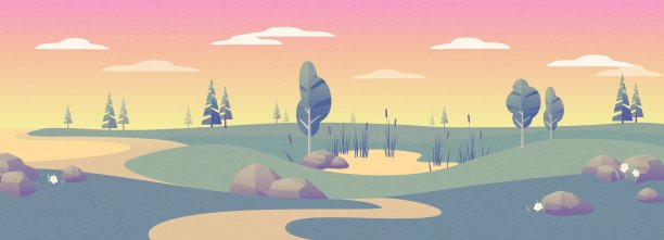 插图的景观与树木，池塘和海滩在日落图片下载