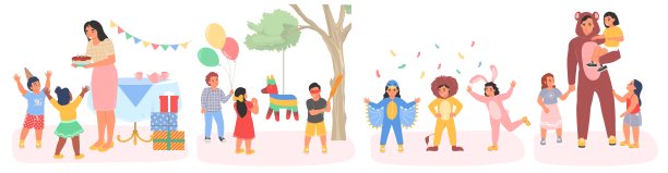 孩子们聚会孤立的场景设置在白色背景图片下载