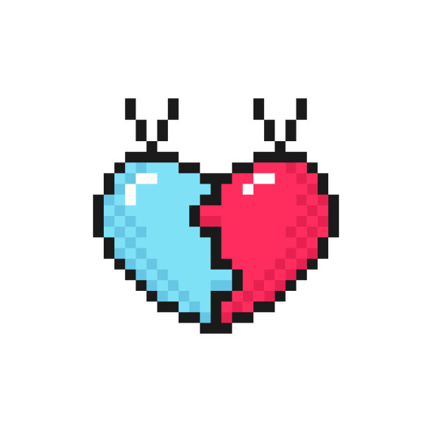 两个半心吊坠像素图标，爱的象征孤立在白色的背景图片下载