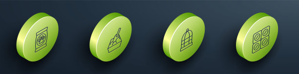 设置等距线袋宠物食品，猫砂托盘铲，笼鸟和狗药丸图标。向量图片下载