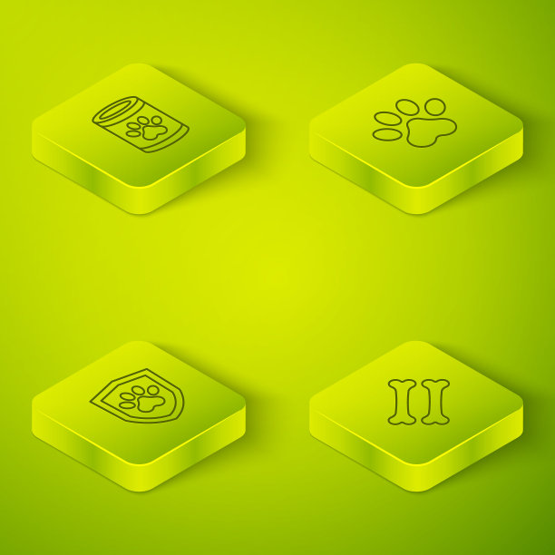 设定等距线爪印，动物健康保险，狗骨和罐头食品图标。向量图片下载