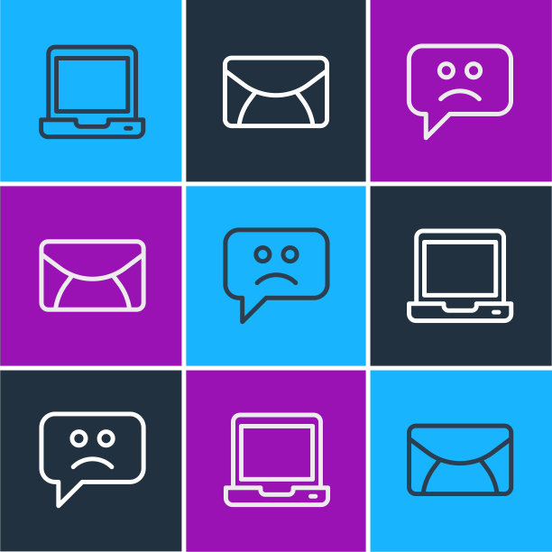 笔记本电脑、悲伤的微笑及邮件图标矢量图图片下载