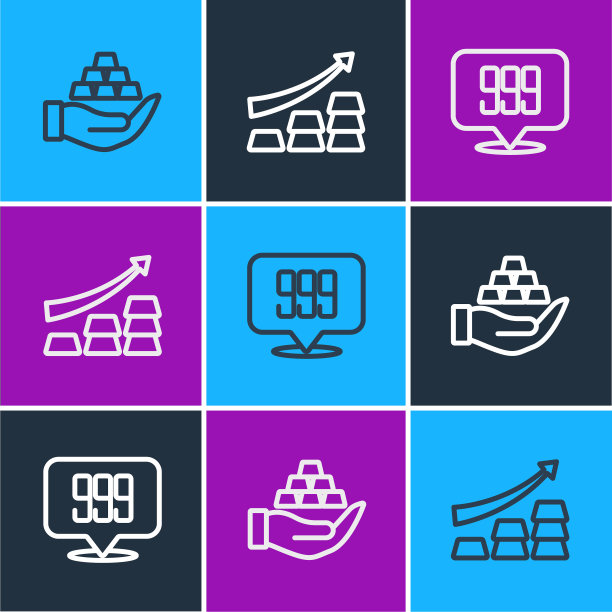 设置线金条在手，24k和增长箭头与黄金图标。向量图片下载