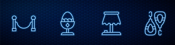 集线台灯，绳障，鸡蛋架，耳环。砖墙上发光的霓虹灯图标。向量图片下载