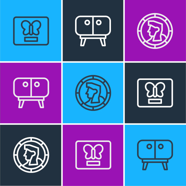 集行蝴蝶于一体，古钱币和电视桌站图标。向量图片下载