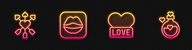 设线心，爱与心和箭，微笑的嘴唇和瓶子的爱情药水。发光的霓虹灯图标。向量图片下载