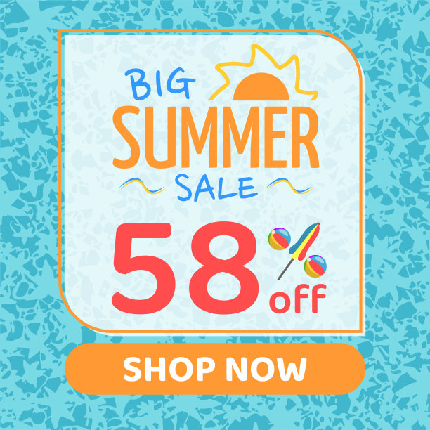 夏季大减价58%，橙色和蓝色，泳池水背景，现在购物图片下载