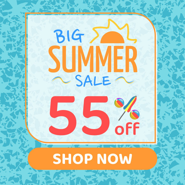 夏季大减价55%，橙色和蓝色，泳池水背景，现在购物图片下载