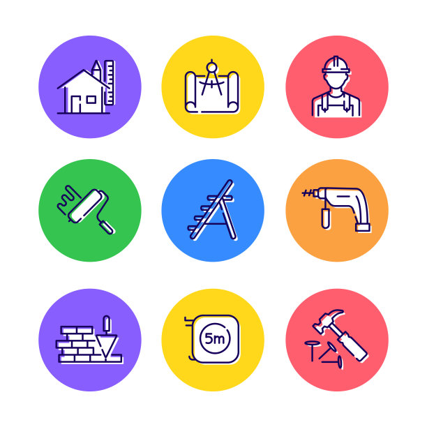 一套家庭装修和维修相关的线图标。大纲符号集合图片下载