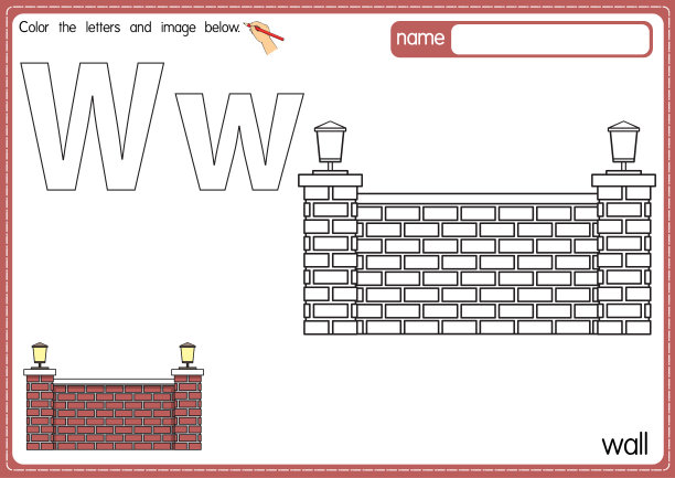 矢量插图的儿童字母着色书页与概述剪贴画，以颜色。字母W代表墙。图片下载