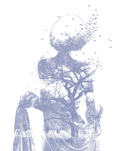 女性，树木和鸟类多次暴露图片下载