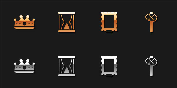 集国王王冠，旧沙漏与沙子，图片和石器时代的锤子图标。向量图片下载