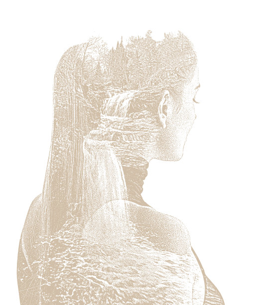 年轻女子和瀑布的多重曝光图片下载